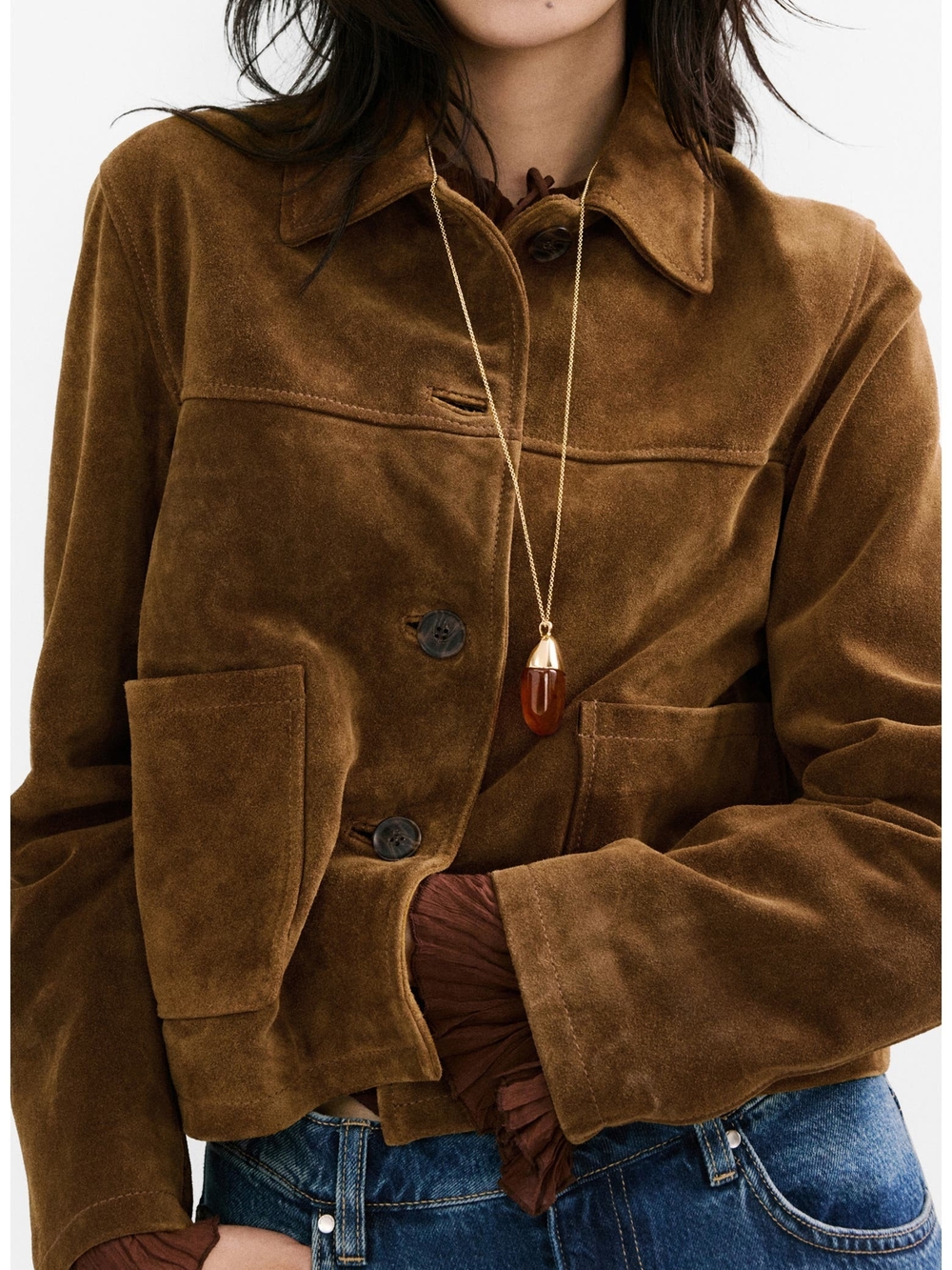 Mango Real Suede Leather Jacket in Warm Brown M